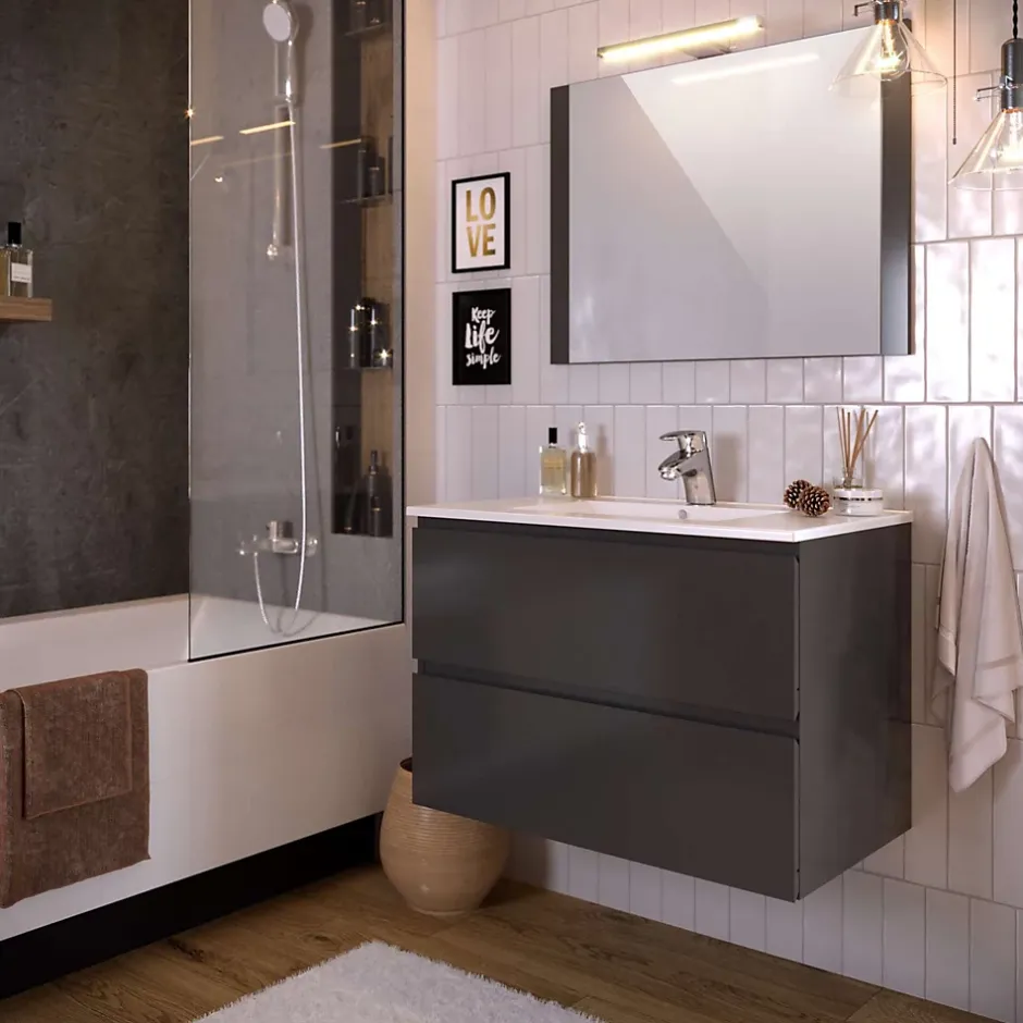 T-Bath Meuble de salle de bain NELI 2 tiroirs 80 cm anthracite Inclus lavabo, miroir et applique LED* Ensemble Meuble De Salle De Bains