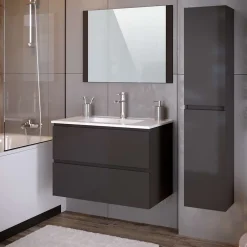 T-Bath Meuble de salle de bain NELI 2 tiroirs 80 cm anthracite Inclus lavabo, miroir et applique LED* Ensemble Meuble De Salle De Bains