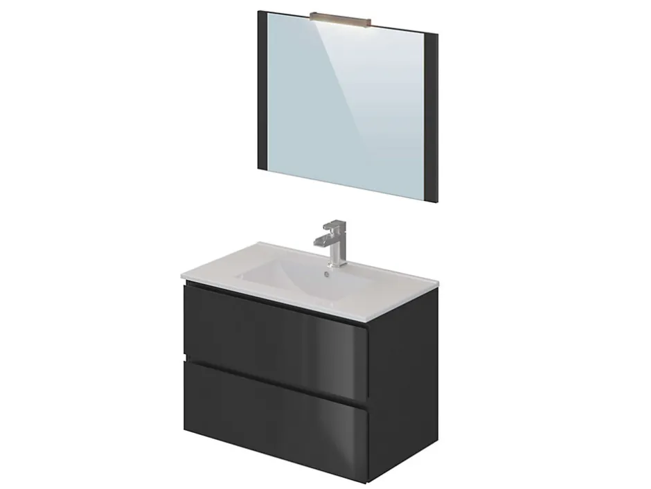 T-Bath Meuble de salle de bain NELI 2 tiroirs 80 cm anthracite Inclus lavabo, miroir et applique LED* Ensemble Meuble De Salle De Bains