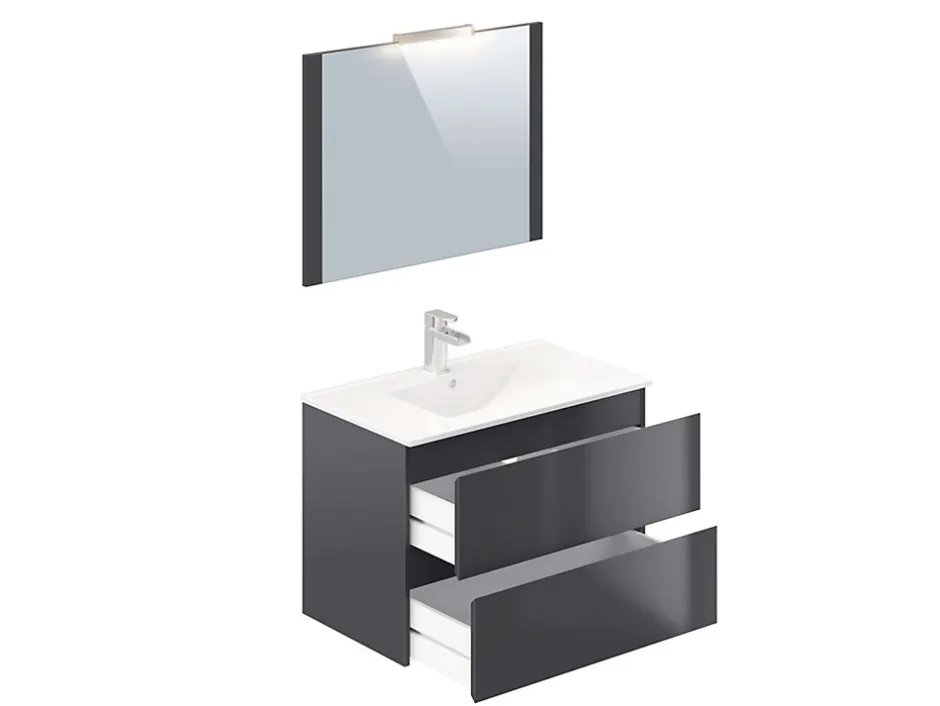 T-Bath Meuble de salle de bain NELI 2 tiroirs 80 cm anthracite Inclus lavabo, miroir et applique LED* Ensemble Meuble De Salle De Bains