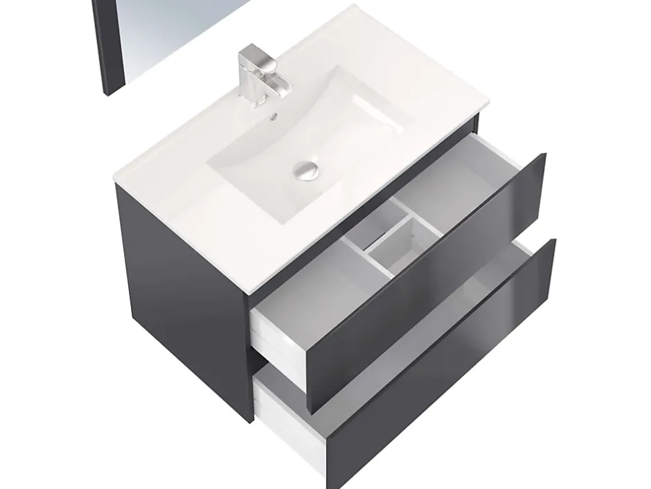 T-Bath Meuble de salle de bain NELI 2 tiroirs 80 cm anthracite Inclus lavabo, miroir et applique LED* Ensemble Meuble De Salle De Bains