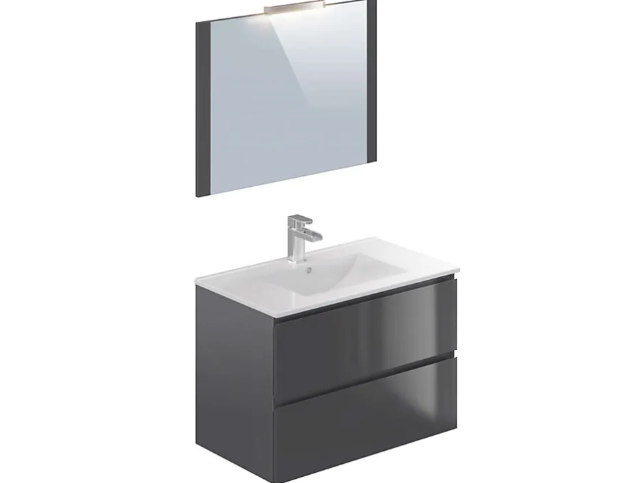 T-Bath Meuble de salle de bain NELI 2 tiroirs 80 cm anthracite Inclus lavabo, miroir et applique LED* Ensemble Meuble De Salle De Bains