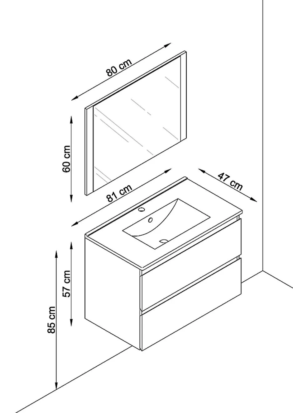 T-Bath Meuble de salle de bain NELI 2 tiroirs 80 cm anthracite Inclus lavabo, miroir et applique LED* Ensemble Meuble De Salle De Bains
