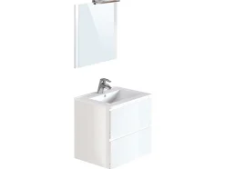 T-Bath Meuble de salle de bain NELI 2 tiroirs 60 cm blanc brillant Inclus lavabo, miroir et applique LED* Ensemble Meuble De Salle De Bains
