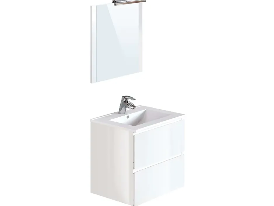 T-Bath Meuble de salle de bain NELI 2 tiroirs 60 cm blanc brillant Inclus lavabo, miroir et applique LED* Ensemble Meuble De Salle De Bains