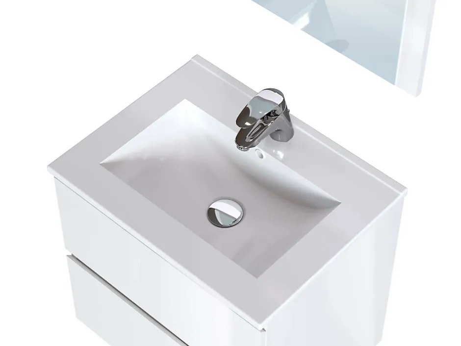 T-Bath Meuble de salle de bain NELI 2 tiroirs 60 cm blanc brillant Inclus lavabo, miroir et applique LED* Ensemble Meuble De Salle De Bains