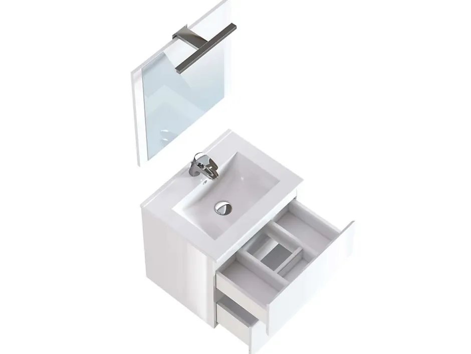 T-Bath Meuble de salle de bain NELI 2 tiroirs 60 cm blanc brillant Inclus lavabo, miroir et applique LED* Ensemble Meuble De Salle De Bains