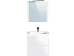 T-Bath Meuble de salle de bain NELI 2 tiroirs 60 cm blanc brillant Inclus lavabo, miroir et applique LED* Ensemble Meuble De Salle De Bains