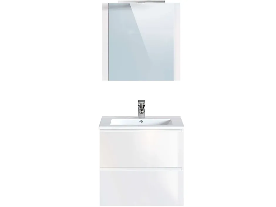 T-Bath Meuble de salle de bain NELI 2 tiroirs 60 cm blanc brillant Inclus lavabo, miroir et applique LED* Ensemble Meuble De Salle De Bains