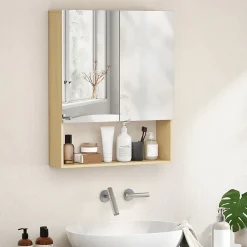 ProximaX Meuble de salle de bain, portes miroir, étagère ouverte, fixation murale, MDF, aggloméré, chêne