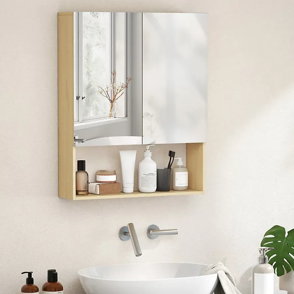 ProximaX Meuble de salle de bain, portes miroir, étagère ouverte, fixation murale, MDF, aggloméré, chêne