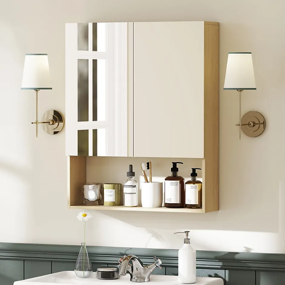 ProximaX Meuble de salle de bain, portes miroir, étagère ouverte, fixation murale, MDF, aggloméré, chêne