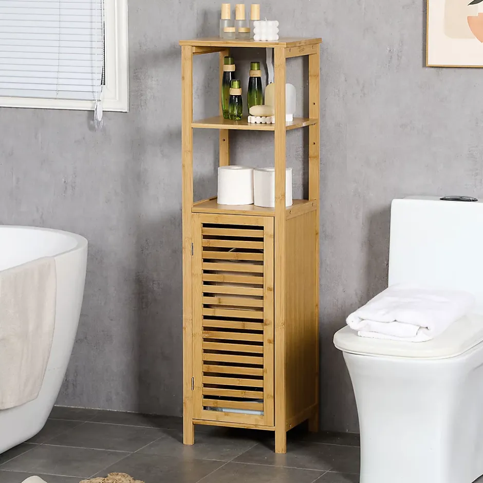 ProximaX Meuble de salle de bain réglable en hauteur, meuble de salle de bain en bambou, avec deux étagères ouvertes, bois naturel