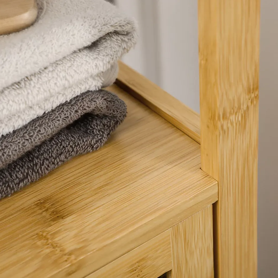 ProximaX Meuble de salle de bain réglable en hauteur, meuble de salle de bain en bambou, avec deux étagères ouvertes, bois naturel