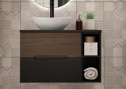 Furnidea Meuble de salle de bain sous vasque suspendu AVELLA noyer et noir 60 cm* Meuble Sous Lavabo