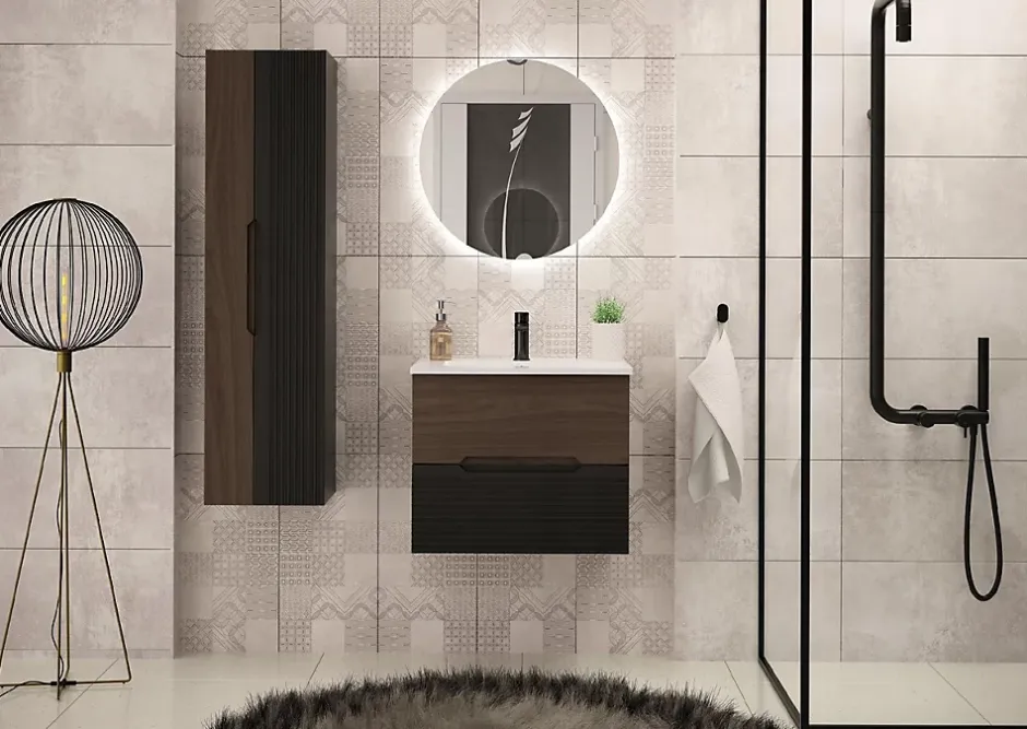 Furnidea Meuble de salle de bain sous vasque suspendu AVELLA noyer et noir 60 cm* Meuble Sous Lavabo
