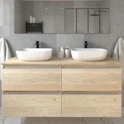 Cosyneo Meuble de salle de bain sans miroir avec vasques à poser arrondie BALEA - Bambou (chêne clair) - 120cm* Meuble Vasque