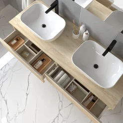 Cosyneo Meuble de salle de bain sans miroir avec vasques à poser arrondie BALEA - Bambou (chêne clair) - 120cm* Meuble Vasque