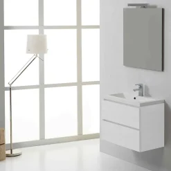 Kiamami Valentina Meuble De Salle De Bain Suspendu 60Cm 2 Tiroirs Blanc, Lavabo En Résine Et Miroir 60X70 - Manhattan