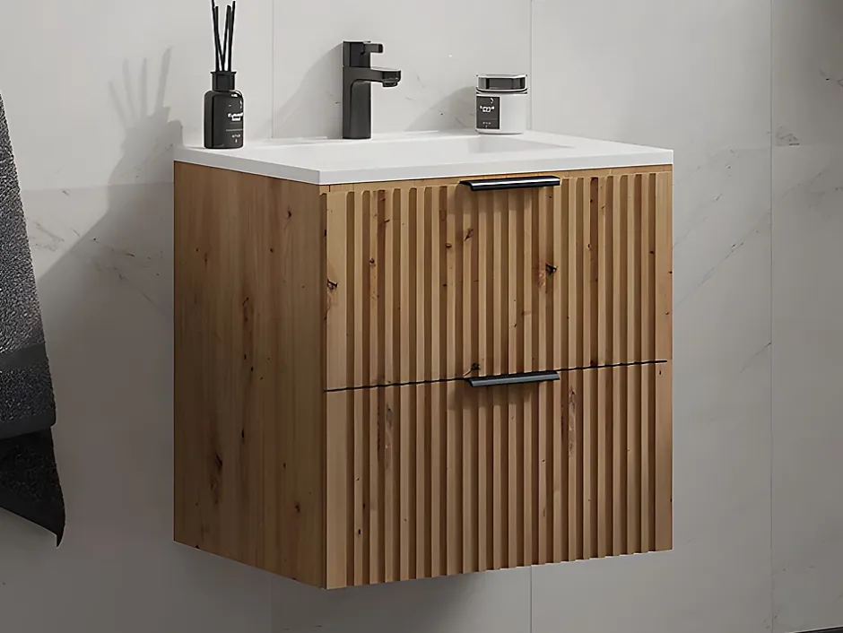 Vente-unique Meuble de salle de bain suspendu strié avec vasque à encastrer - Naturel clair - 60 cm - ZEVARA