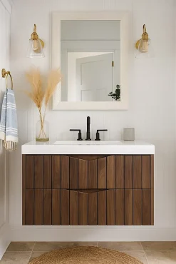 Furnidea Meuble de salle de bain sous vasque suspendu STELLA coloris noyer 80 cm façades rainurées* Meuble Sous Lavabo