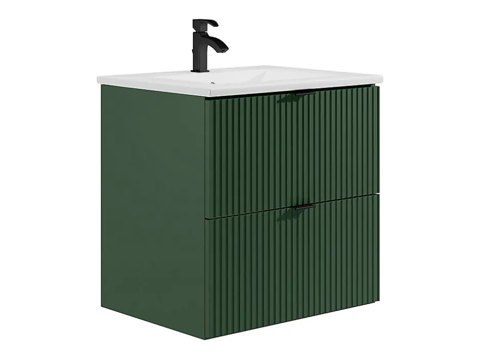 Vente-unique Meuble de salle de bain suspendu strié avec vasque à encastrer - Vert mat - 60 cm - ZEVINI* Meuble Vasque