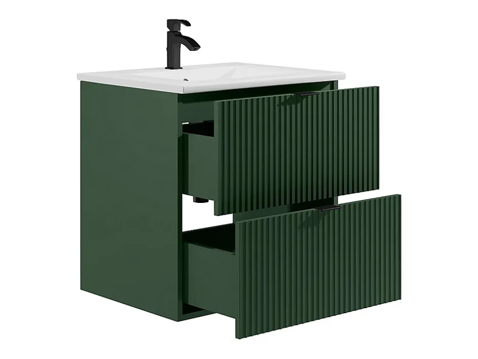 Vente-unique Meuble de salle de bain suspendu strié avec vasque à encastrer - Vert mat - 60 cm - ZEVINI* Meuble Vasque