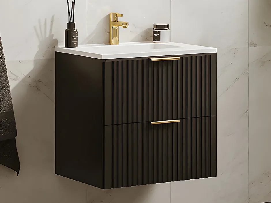 Vente-unique Meuble de salle de bain suspendu strié avec vasque à encastrer - Noir - 60 cm - ZEVARA* Meuble Vasque