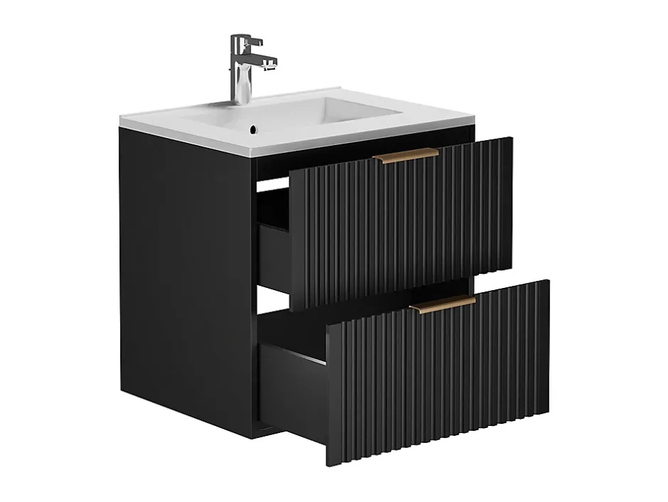 Vente-unique Meuble de salle de bain suspendu strié avec vasque à encastrer - Noir - 60 cm - ZEVARA* Meuble Vasque
