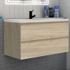 AICA Sanitaire Meuble de salle de bain suspendre avec vasque 2 tiroirs fermeture amortie, meuble de rangement bois clair, 100cm* Meuble Vasque