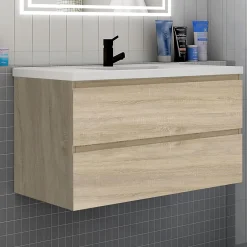 AICA Sanitaire Meuble de salle de bain suspendre avec vasque 2 tiroirs fermeture amortie, meuble de rangement bois clair, 100cm* Meuble Vasque