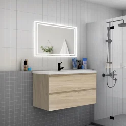 AICA Sanitaire Meuble de salle de bain suspendre avec vasque 2 tiroirs fermeture amortie, meuble de rangement bois clair, 100cm* Meuble Vasque