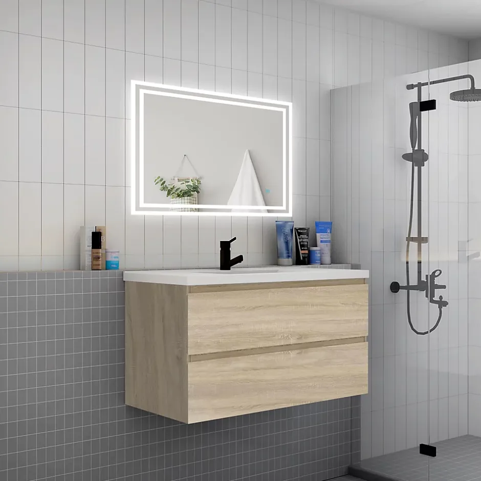 AICA Sanitaire Meuble de salle de bain suspendre avec vasque 2 tiroirs fermeture amortie, meuble de rangement bois clair, 100cm* Meuble Vasque