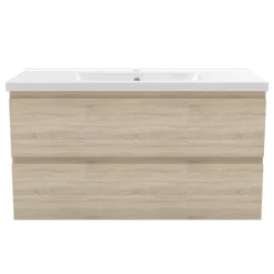 AICA Sanitaire Meuble de salle de bain suspendre avec vasque 2 tiroirs fermeture amortie, meuble de rangement bois clair, 100cm* Meuble Vasque