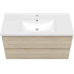 AICA Sanitaire Meuble de salle de bain suspendre avec vasque 2 tiroirs fermeture amortie, meuble de rangement bois clair, 100cm* Meuble Vasque
