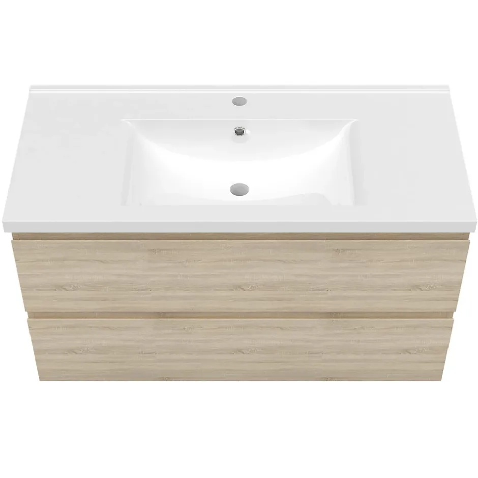 AICA Sanitaire Meuble de salle de bain suspendre avec vasque 2 tiroirs fermeture amortie, meuble de rangement bois clair, 100cm* Meuble Vasque