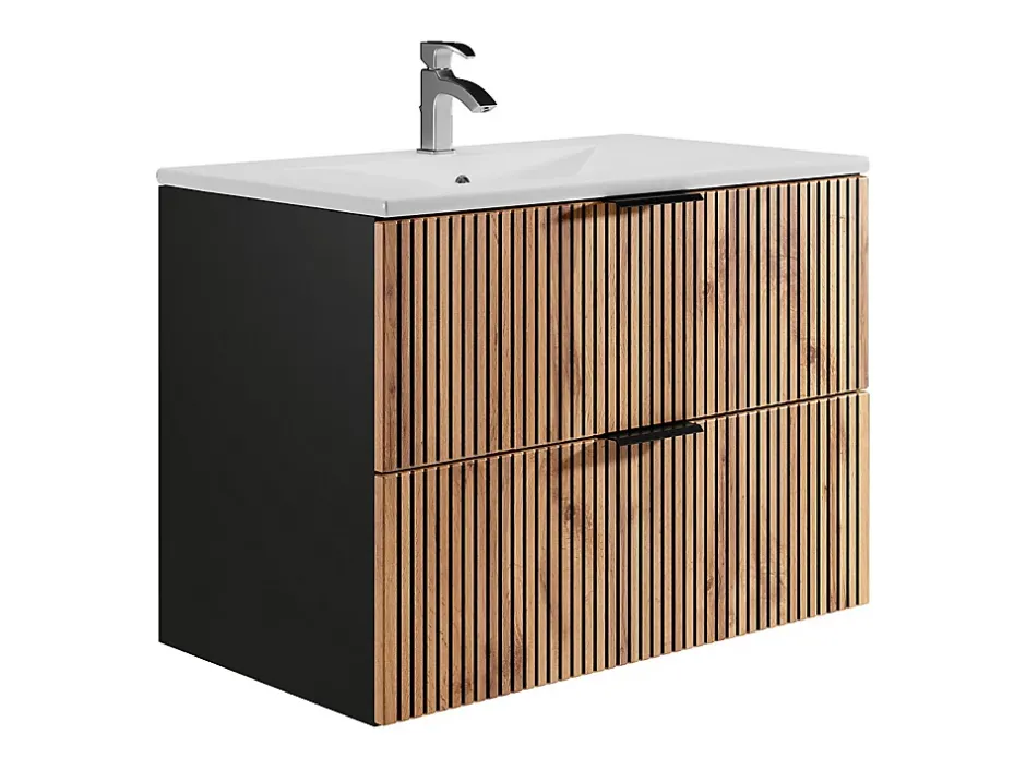 Vente-unique Meuble de salle de bain suspendu avec vasque à encastrer - Naturel clair et noir - 80 cm - MADELA