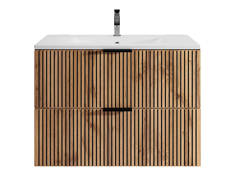 Vente-unique Meuble de salle de bain suspendu avec vasque à encastrer - Naturel clair et noir - 80 cm - MADELA
