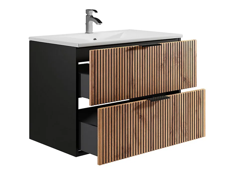 Vente-unique Meuble de salle de bain suspendu avec vasque à encastrer - Naturel clair et noir - 80 cm - MADELA