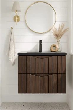 Furnidea Meuble de salle de bain sous vasque suspendu STELLA coloris noyer 60 cm façades rainurées* Meuble Sous Lavabo