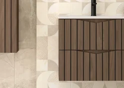Furnidea Meuble de salle de bain sous vasque suspendu STELLA coloris noyer 60 cm façades rainurées* Meuble Sous Lavabo