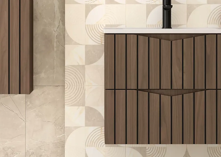 Furnidea Meuble de salle de bain sous vasque suspendu STELLA coloris noyer 60 cm façades rainurées* Meuble Sous Lavabo