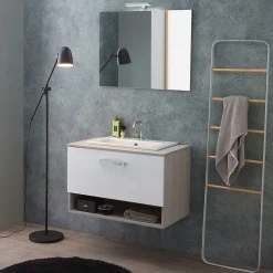 Kiamami Valentina Meuble De Salle De Bain Suspendu Lotto 80Cm Chêne Gris Avec Façade Blanche Et Lavabo Au-Dessus