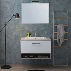 Kiamami Valentina Meuble De Salle De Bain Suspendu Lotto 80Cm Chêne Gris Avec Façade Blanche Et Lavabo Au-Dessus