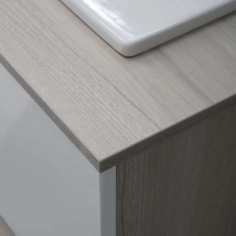 Kiamami Valentina Meuble De Salle De Bain Suspendu Lotto 80Cm Chêne Gris Avec Façade Blanche Et Lavabo Au-Dessus