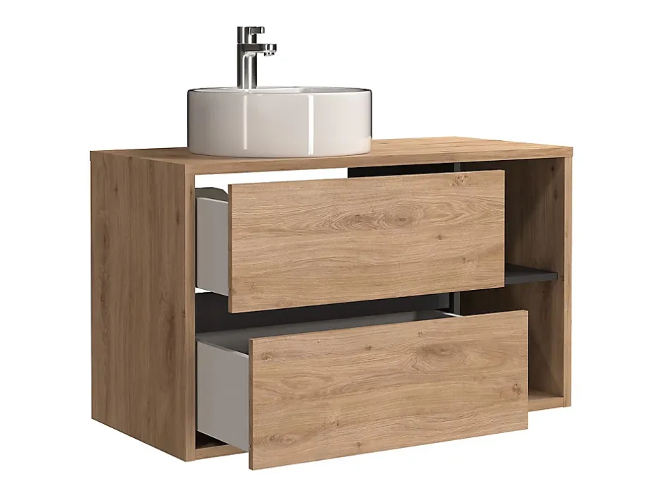 Vente-unique Meuble de salle de bain suspendu avec vasque ronde - Coloris naturel - 100 cm - PURNAL* Meuble Vasque