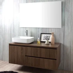 Kiamami Valentina Meuble De Salle De Bain Suspendu 120Cm, Porte Et 2 Tiroirs En Noyer Foncé, Lavabo À Poser Et Miroir 120X70 - Siena* Ensemble Meuble De Salle De Bains