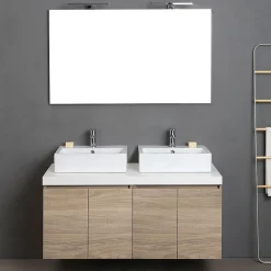 Kiamami Valentina Meuble De Salle De Bain Suspendu 4 Portes Chêne Naturel, Plateau Blanc, 2 Lavabos Décoratifs Et Miroir Avec Lampe - Valentina