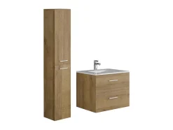 Vente-unique Meuble de salle de bain suspendu simple vasque avec colonne de rangement - Coloris naturel clair - 60 cm - KAYLA