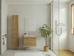Vente-unique Meuble de salle de bain suspendu simple vasque avec colonne de rangement - Coloris naturel clair - 60 cm - KAYLA